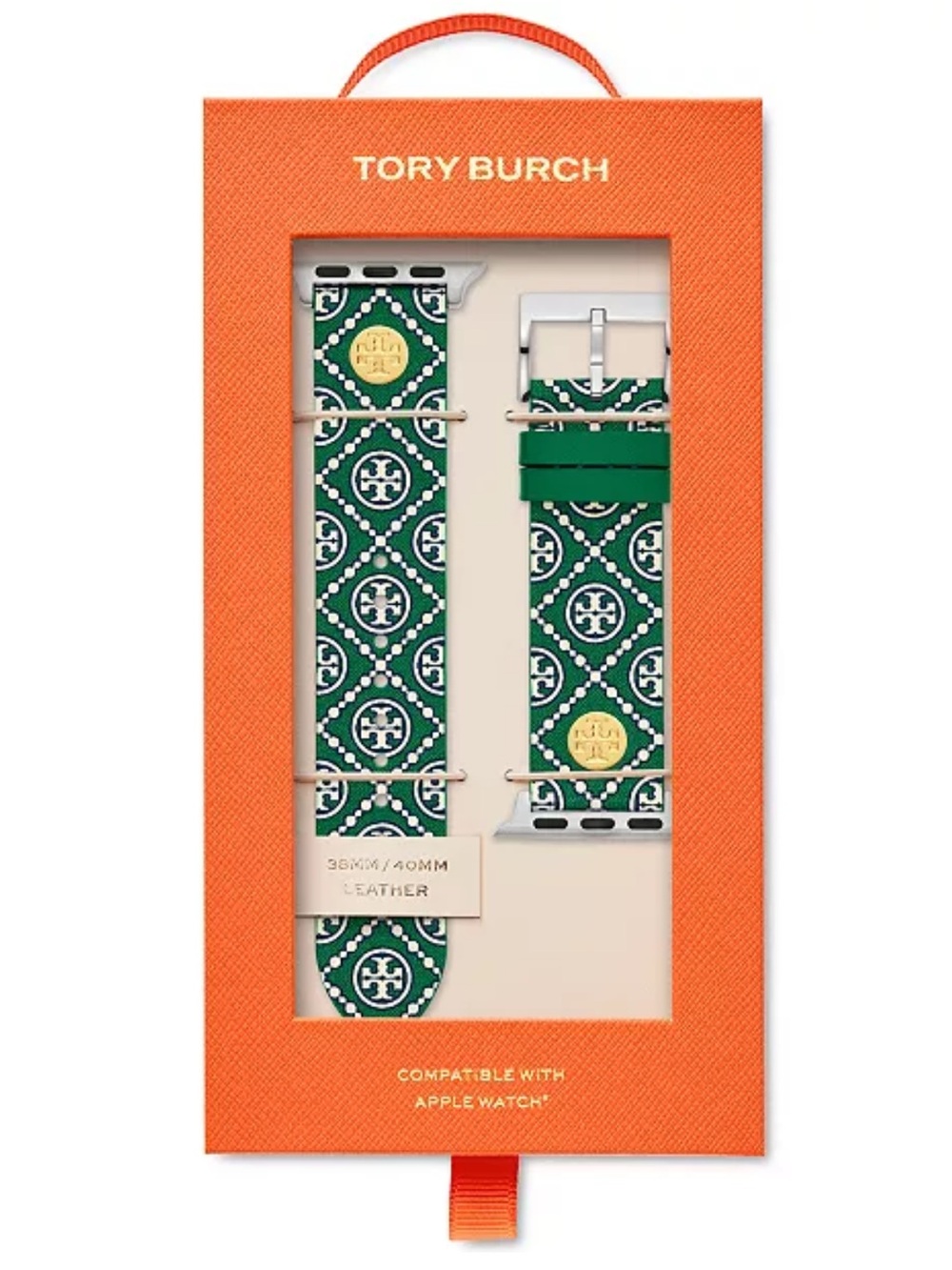 Tory Burch Green Printed Leather Apple Watch Band with Gold Logo Accents
